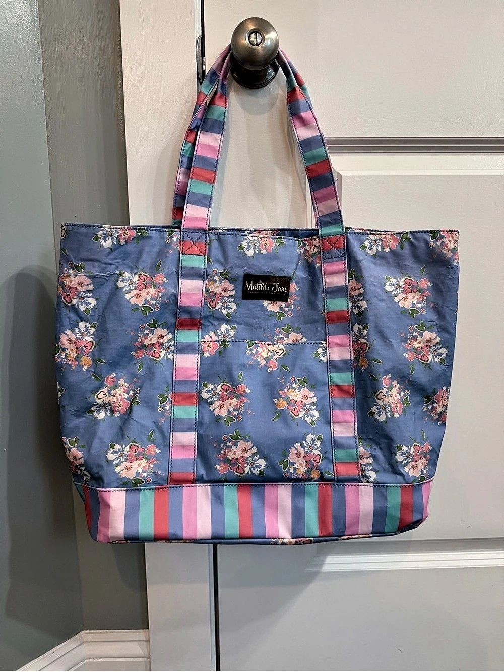 Matilda Jane We Made It Floral Pool Tote in Blues & Pinks striped interior